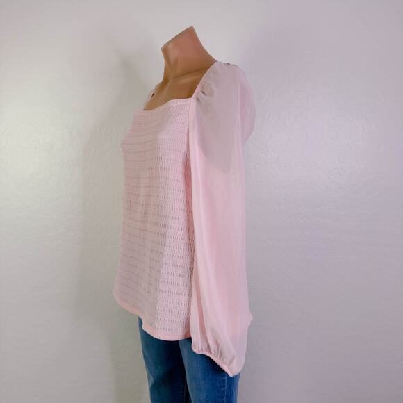 Halogen Square Neck Cottagecore Smocked Sheer Puff Long Sleeve Blouse Pink XXL - Picture 4 of 11